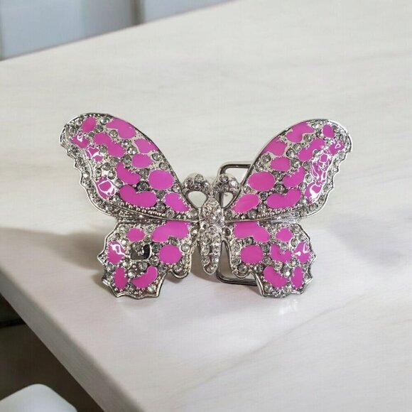 Women's‎ Belt Buckle Butterfly Pewter Pink w/Rhinestones Cowgirl Western READ - Picture 1 of 10